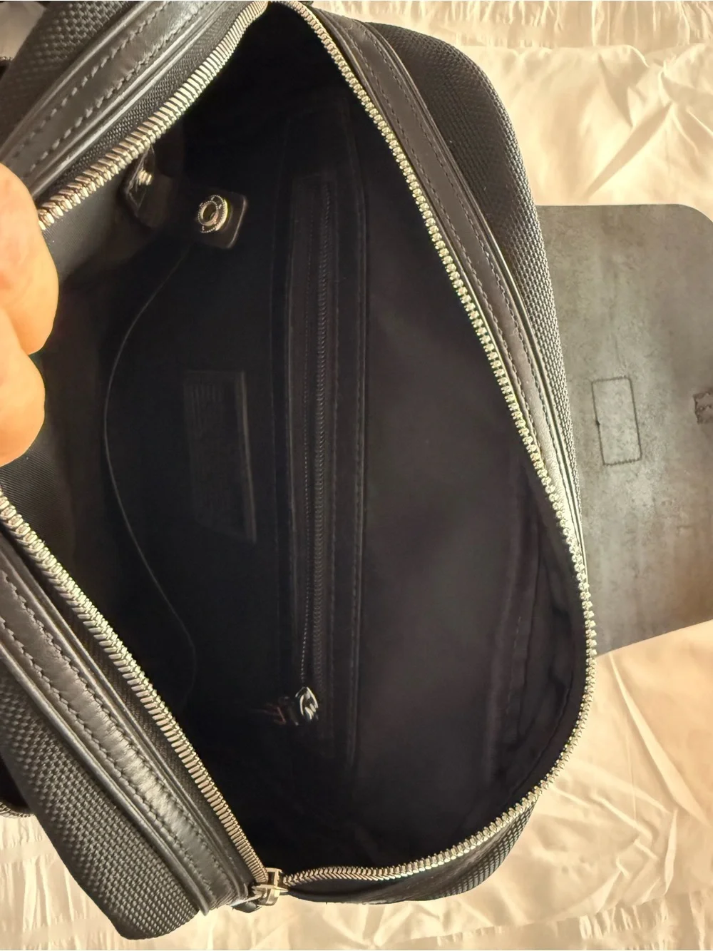 TUMI Black Leather & Ballistic Nylon Messenger Bag
